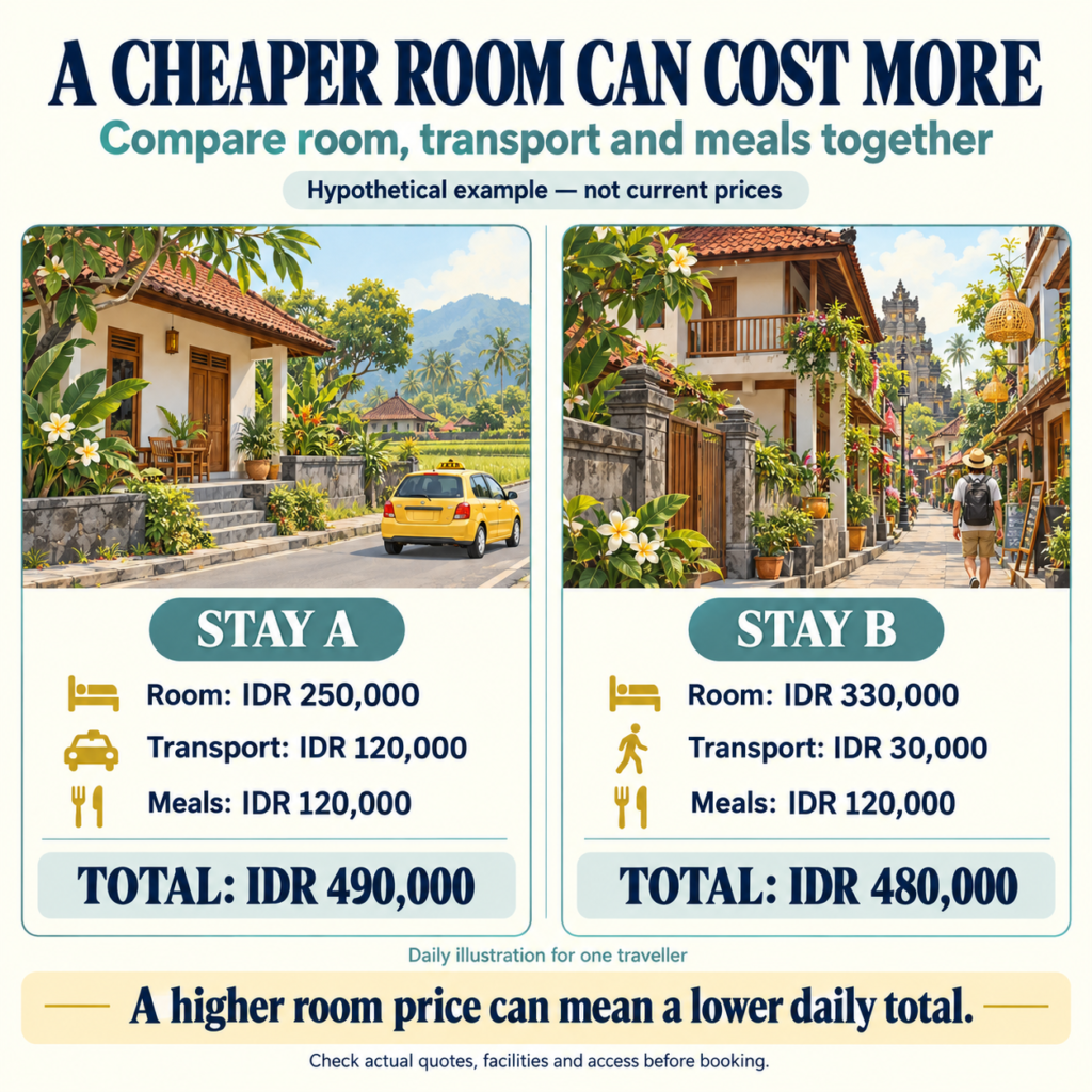 Indonesia Budget Travel: Hypothetical daily cost comparison: Stay A totals IDR 490,000 and Stay B IDR 480,000, including room, transport, and meals.