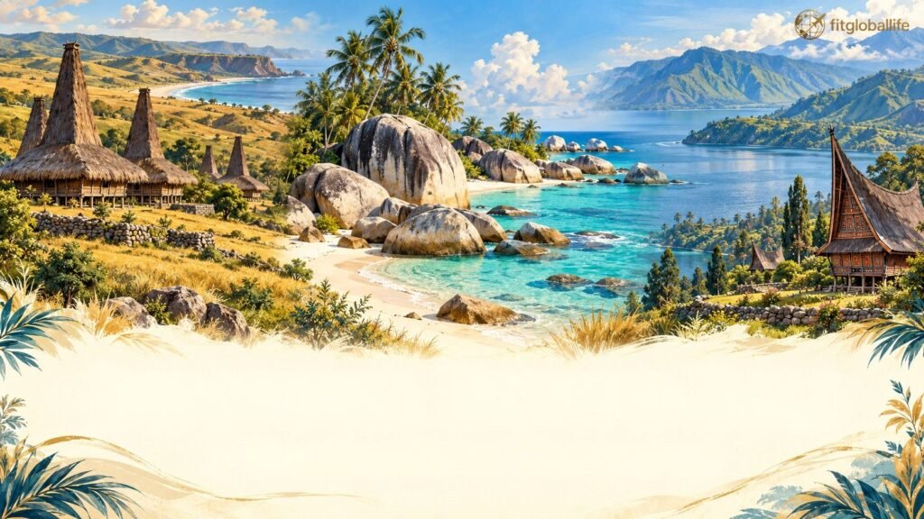 Illustrated collage of Sumba houses, Belitung granite beaches, and Lake Toba with the heading Which Indonesia Trip Fits You?