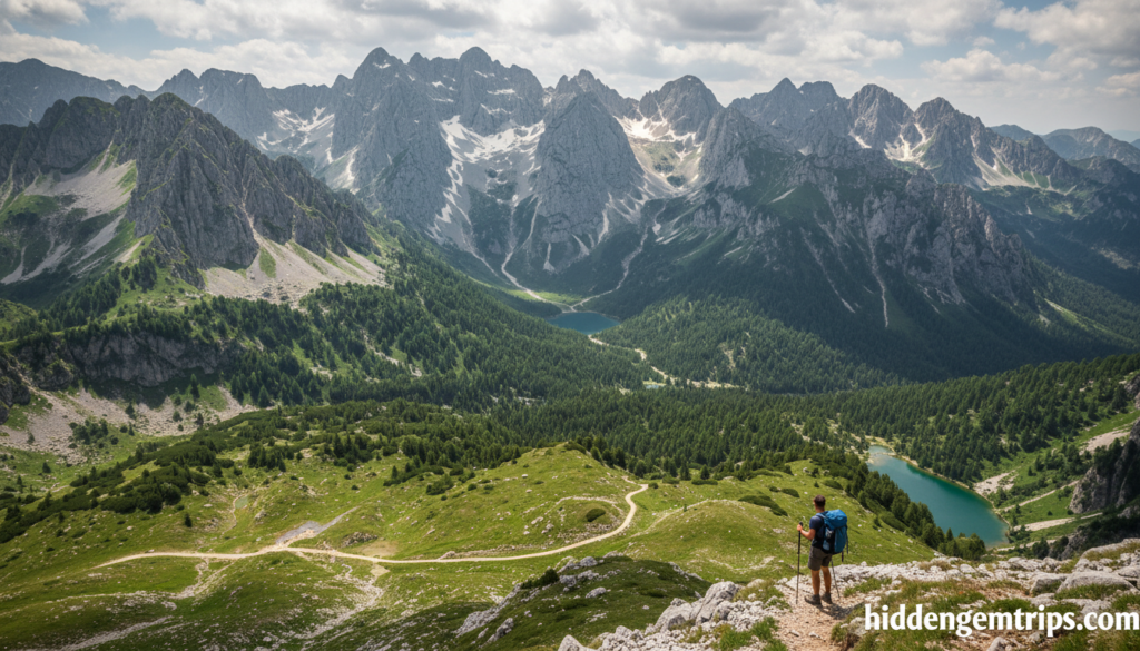 Solo hiker overlooking the jagged peaks of the Accursed Mountains (Prokletije) and Theth Valley in Albania during golden hour.