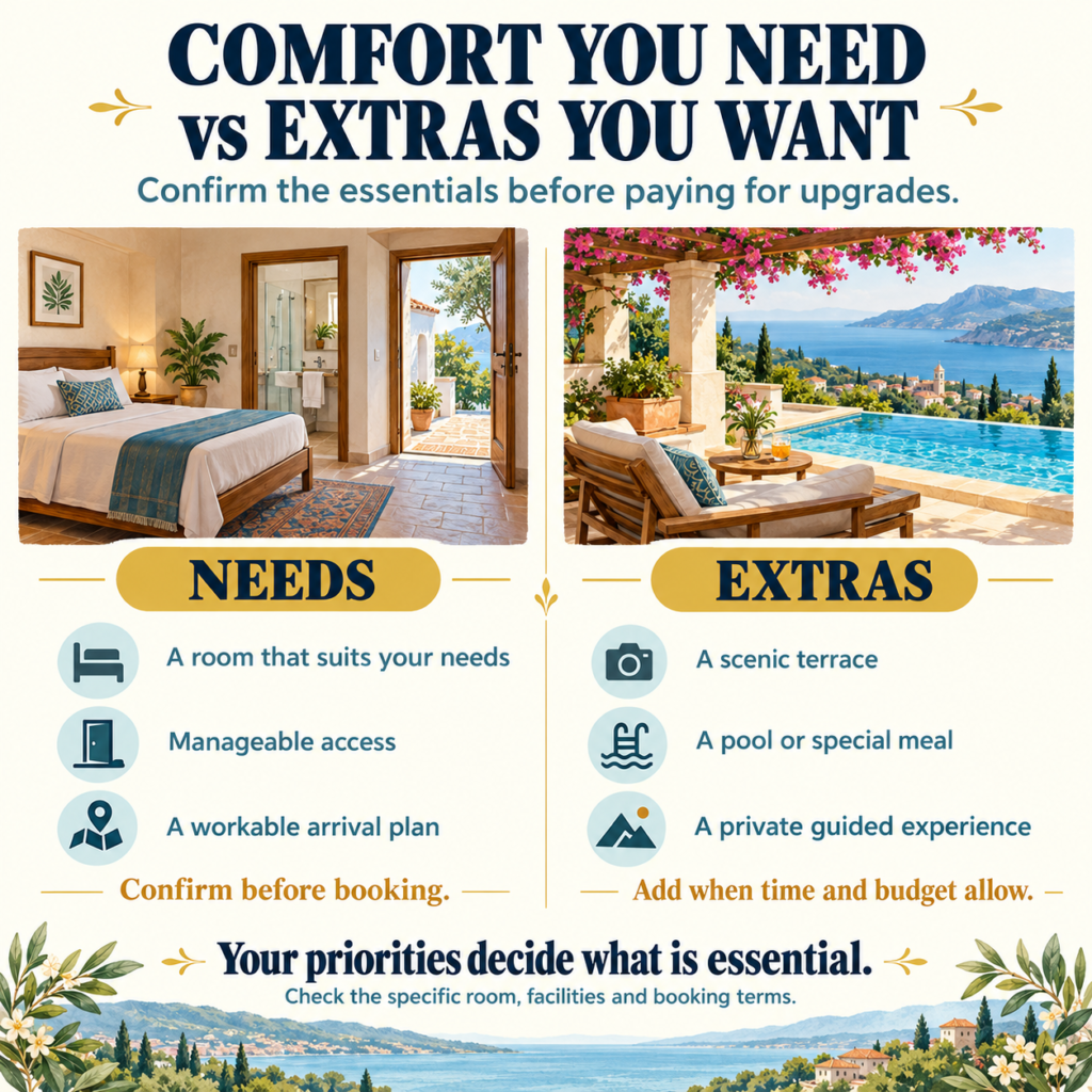mid-range travel: Travel infographic comparing room suitability, access and arrival planning with optional terraces, pools and private guided experiences.