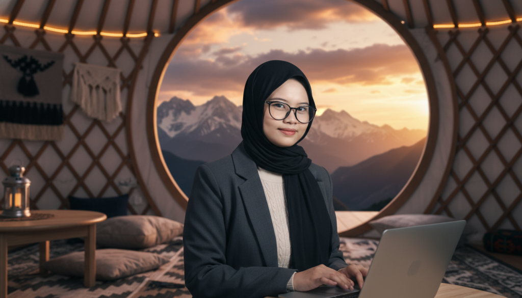 A professional woman mastering the Digital Nomad 2.0 Guide lifestyle in a mountain yurt