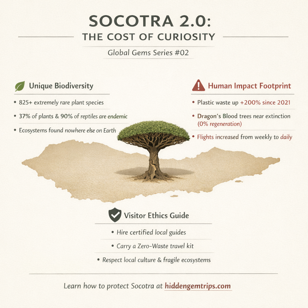 Infographic showing the biodiversity of Socotra 2.0 vs the impact of modern tourism for the Global Gems series