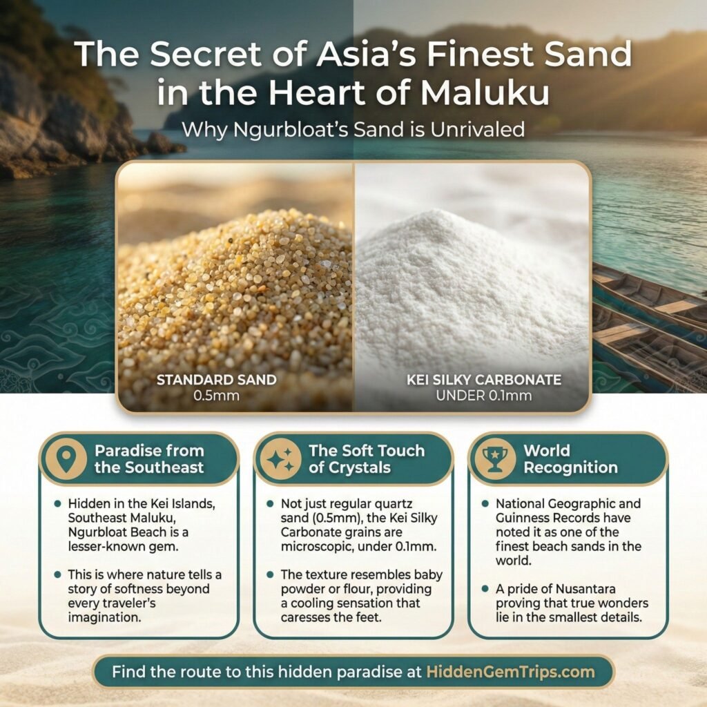 Stop Overpaying Raja Ampat: The Ultimate Kei Islands Secret Guide for 2026 4 Macro comparison of coarse beach sand versus ultra-fine flour-like white sand from Ngurbloat Beach, Kei Islands, Maluku, Indonesia.