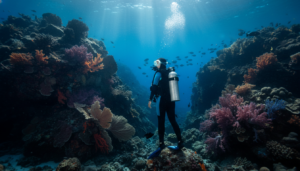 Panoramic view of a diver exploring a deep-sea volcanic reef in Hidden Sabang, Indonesia.