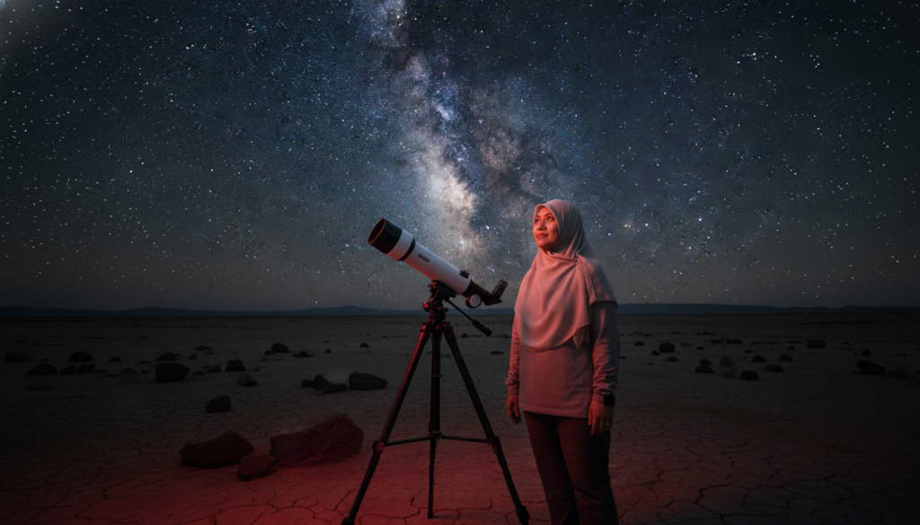 A traveler using a smart telescope to view the Milky Way in a Dark Sky Reserve for the Star-Gazing Passports guide.