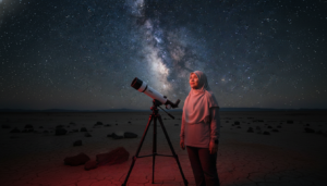 A traveler using a smart telescope to view the Milky Way in a Dark Sky Reserve for the Star-Gazing Passports guide.