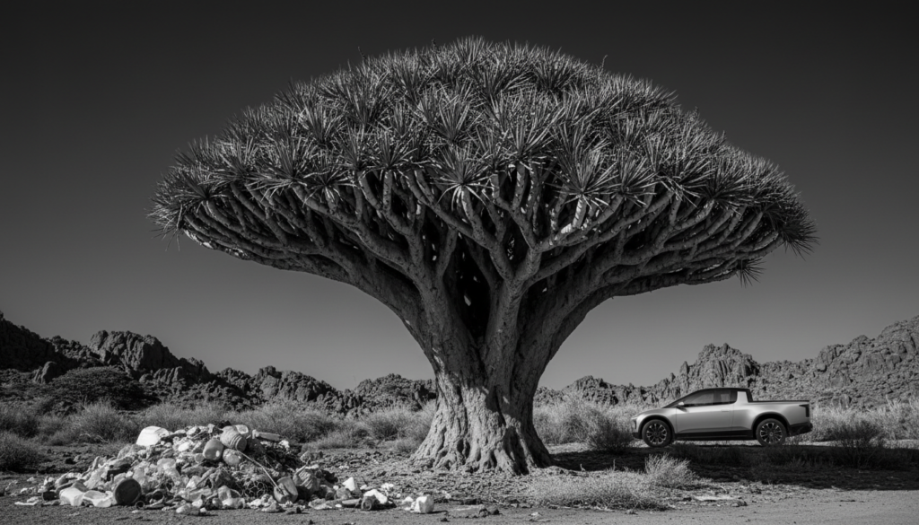 Dragon's Blood Tree in Socotra Yemen with a high-contrast sky, highlighting the alien landscape for Global Gems series