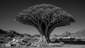 Dragon's Blood Tree in Socotra Yemen with a high-contrast sky, highlighting the alien landscape for Global Gems series