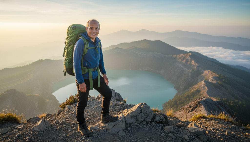A male hiker wearing a blue jacket and green backpack standing on a mountain peak overlooking a turquoise crater lake and layered mountains during sunrise
