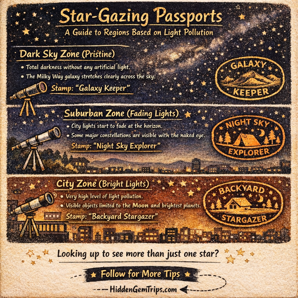 Infographic explaining the Bortle Scale tiers and Star-Gazing Passports rankings from City Sky to Dark Sky Reserve.