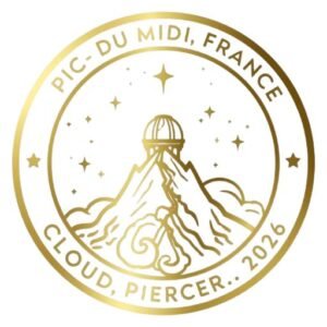 Gold vintage passport stamp for Pic du Midi Observatory France Pyrenees mountains