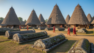 Sumba Island Travel-A lone traveler overlooking the vast golden rolling hills of Wairinding Savanna in Sumba, Indonesia during a cinematic sunset, representing Sumba Island travel