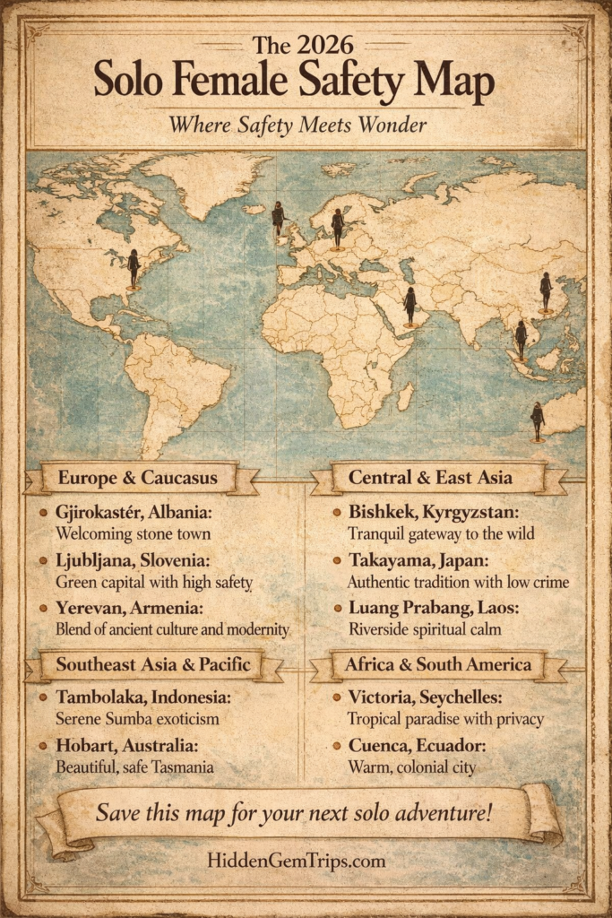 The 2026 Solo Female Travel Map: 10 Safest "Under-the-Radar" Cities 3 Vintage-style world map infographic highlighting the safest hidden destinations for solo female travelers in 2026, featuring cities across Europe, Asia, Pacific, Africa, and South America.
