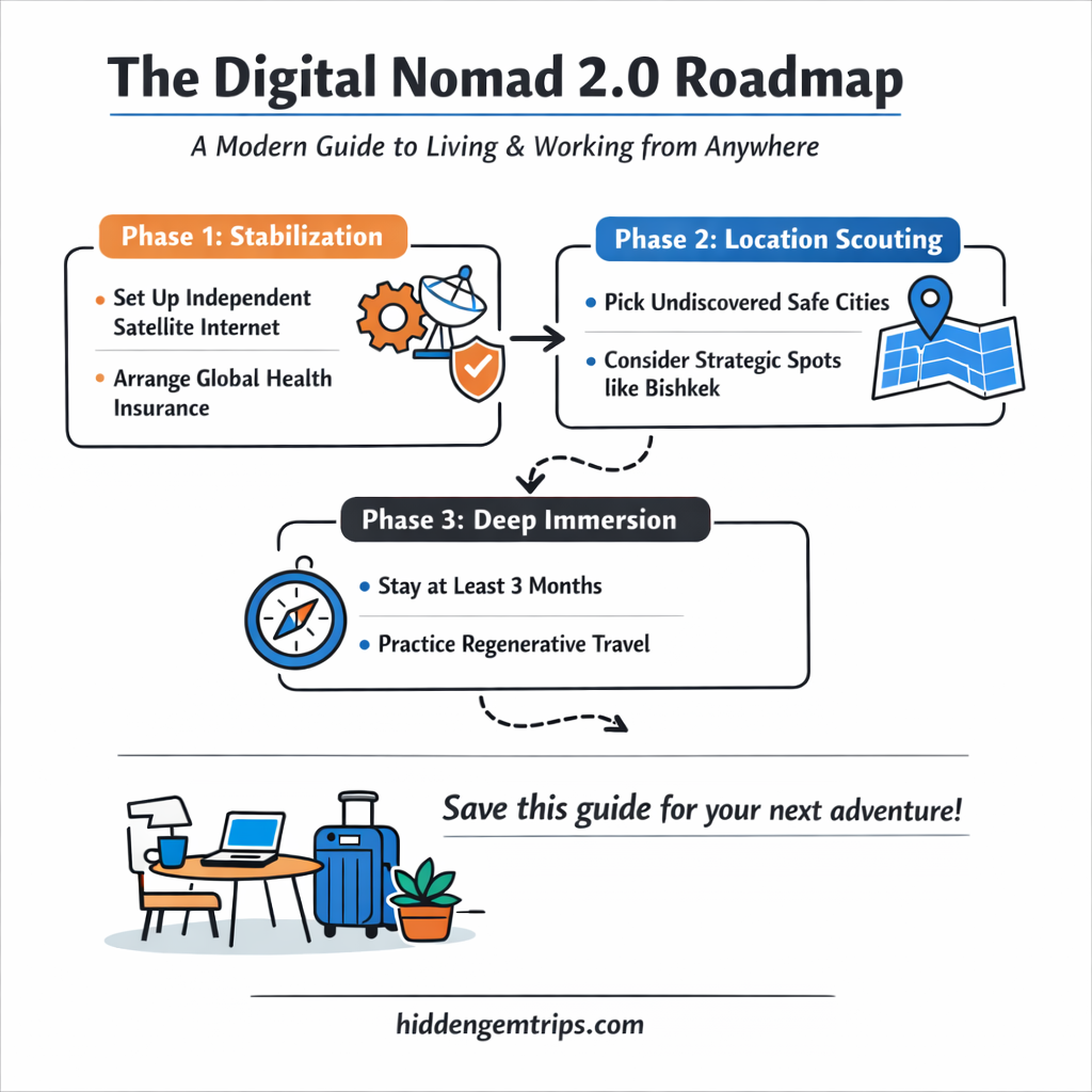 Digital Nomad 2.0 guide infographic showing three phases: stabilization, location scouting, and deep immersion for remote workers living and working from anywhere