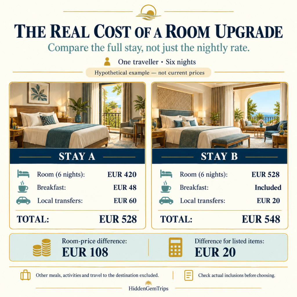 mid-range travel: Hypothetical six-night comparison for one traveller: Stay A totals EUR 528 and Stay B EUR 548 for accommodation, breakfast and local transfers.