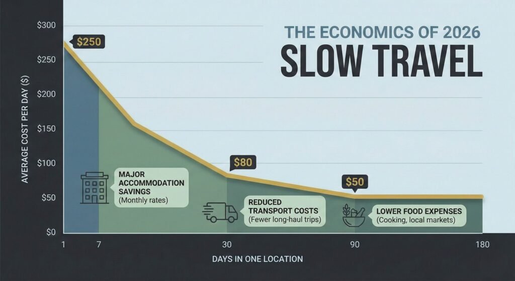 Stop Rushing: The 2026 Slow Travel Manifesto 4 Data chart showing daily cost savings based on duration of stay (Slow Travel Economics)