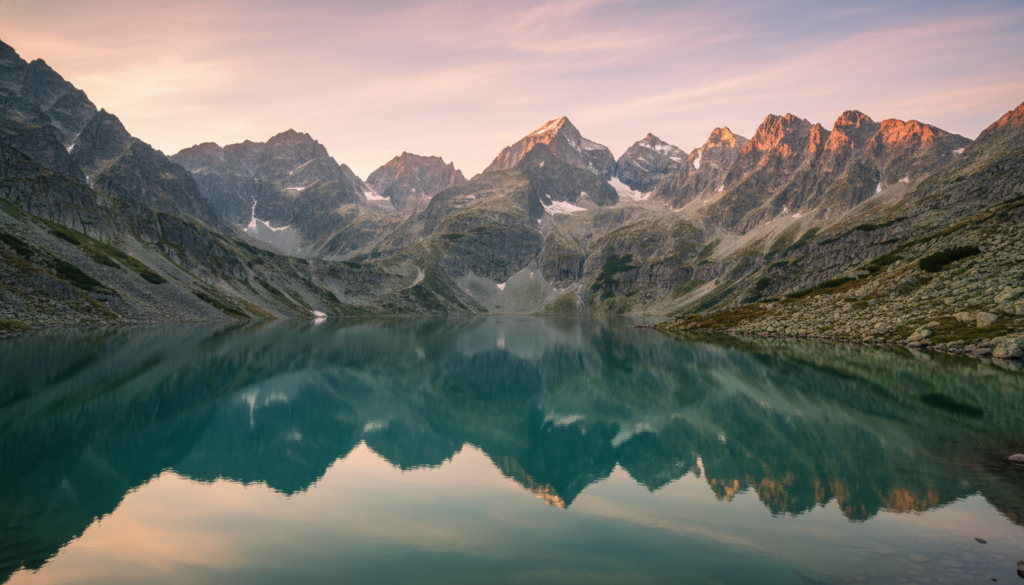 High Tatras Europe: The iconic Morskie Oko lake in the Polish Tatra mountains at sunrise