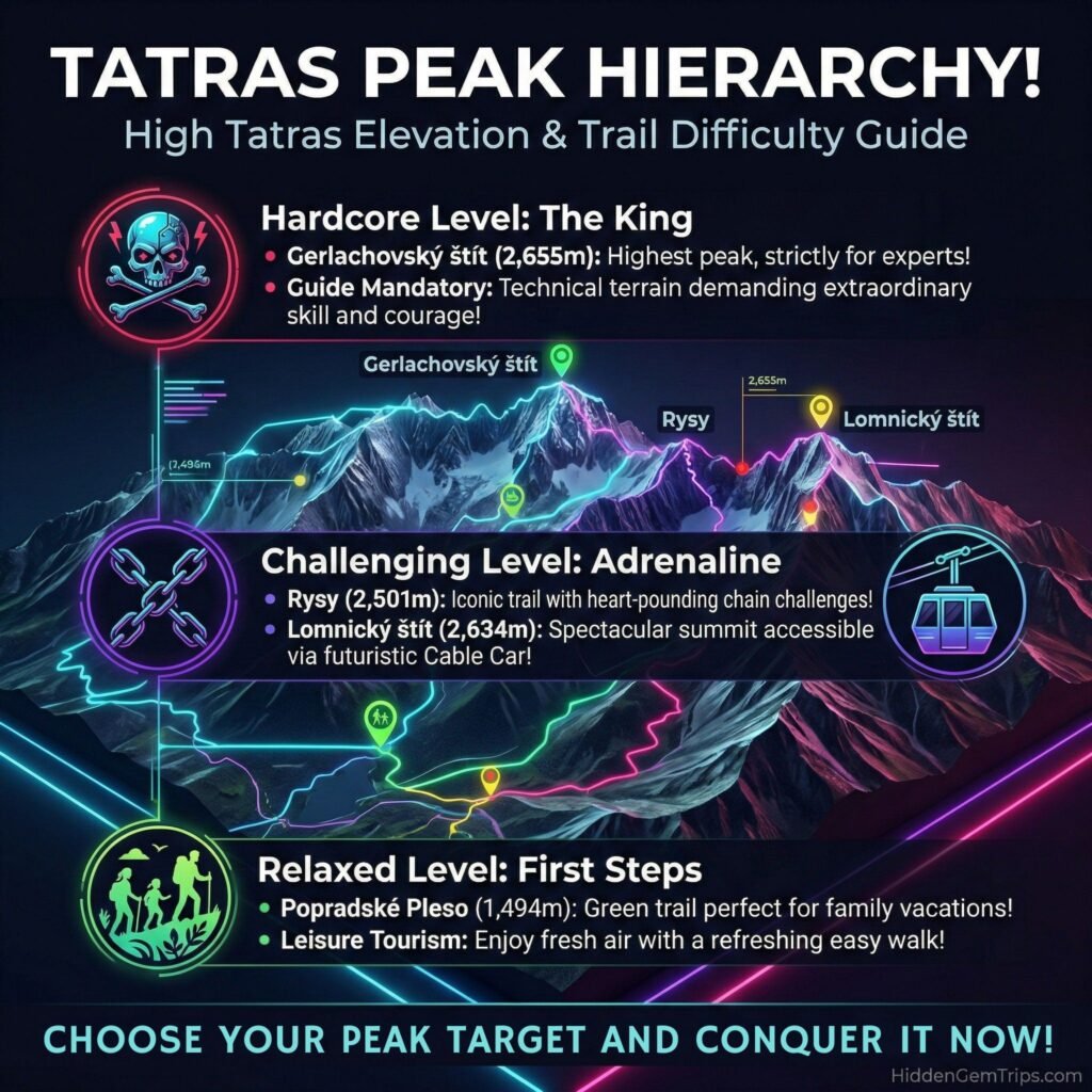 Hiking trail difficulty and peak heights in High Tatras Europe