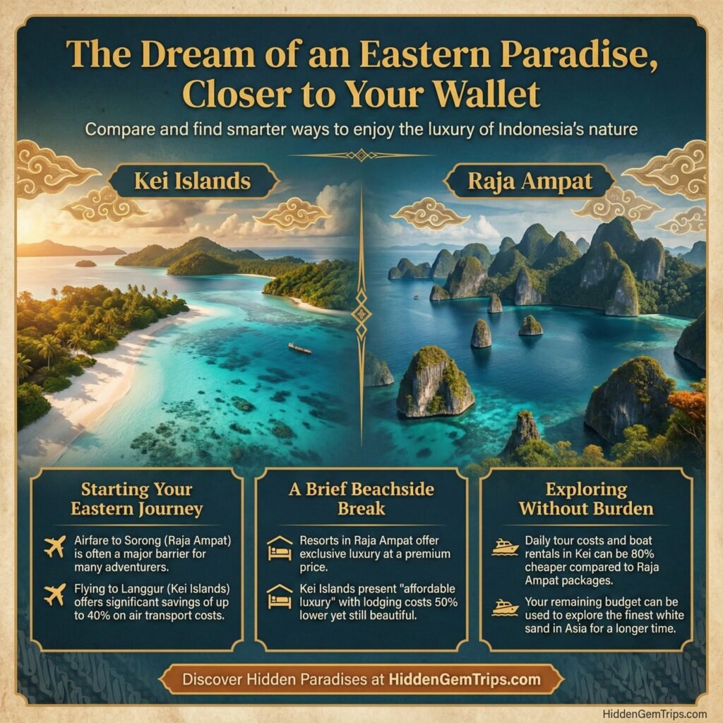 Stop Overpaying Raja Ampat: The Ultimate Kei Islands Secret Guide for 2026 3 Kei Islands Secret Guide Infographic comparing travel costs and sand texture between Kei Islands and Raja Ampat