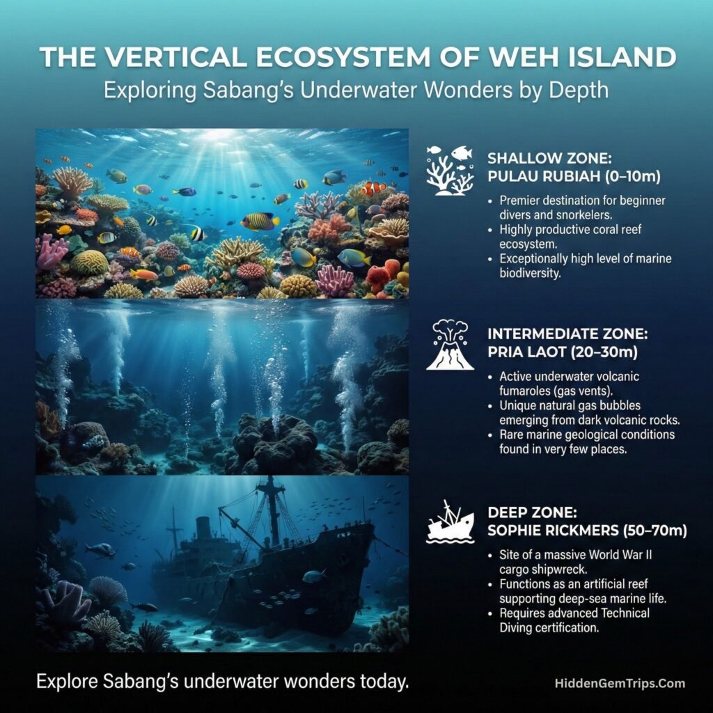Infographic showing the different underwater biodiversity layers of Hidden Sabang from surface to deep-sea.