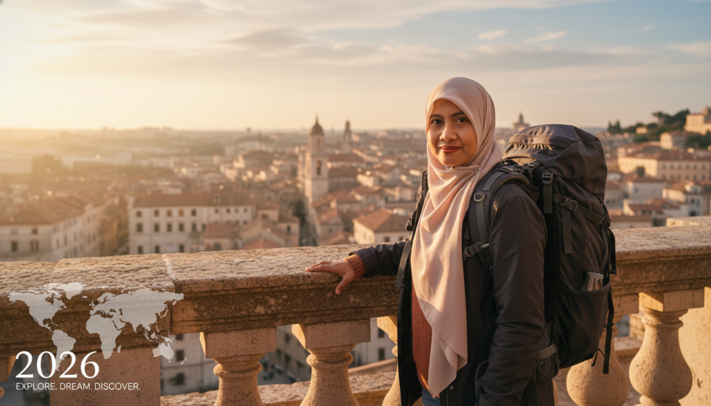 A confident Solo Female Travel Map 2026 with a backpack overlooking the safe, ancient stone streets of a hidden European city at sunrise, representing the 2026 Solo Female Travel Map.