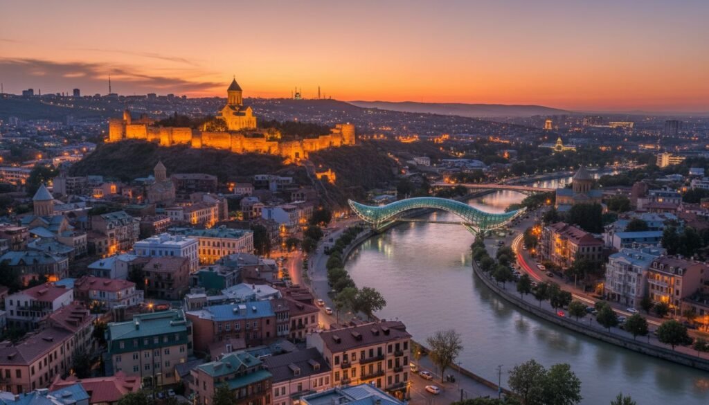 Stop Paying Paris Prices: The Ultimate Tbilisi Guide to Georgia’s Hidden Capital 2 Ultimate Tbilisi Guide: Panoramic sunset view of Narikala Fortress and Old Town Tbilisi, Georgia