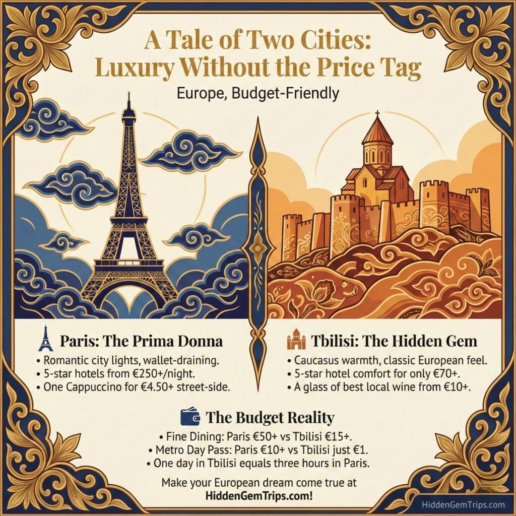 Stop Paying Paris Prices: The Ultimate Tbilisi Guide to Georgia’s Hidden Capital 3 Ultimate Tbilisi Guide: Infographic comparing travel costs between Tbilisi and Paris for accommodation, food, and transport
