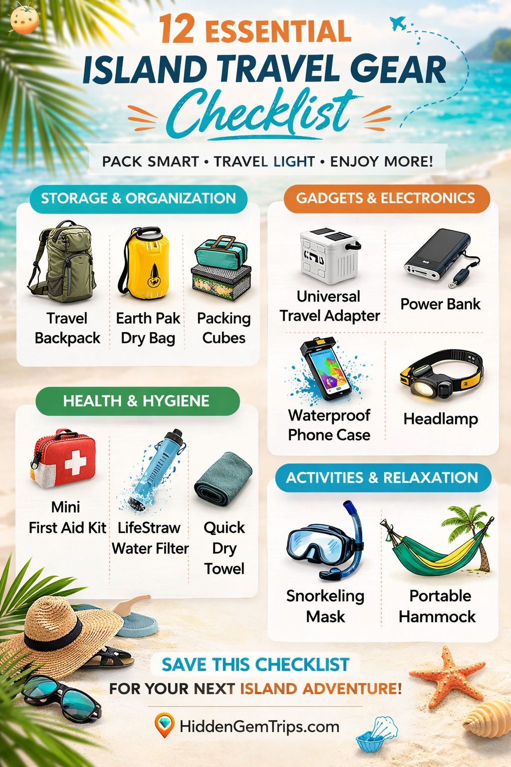 12 Best Travel Gear for Island Trips (2026 Must-Have Packing List) 3 infographic showing 12 essential island travel gear for best island packing strategy including backpack dry bag packing cubes travel adapter power bank snorkeling mask and hammock