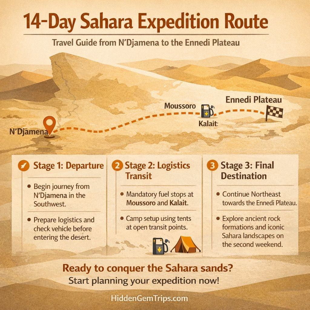 Map showing the 4x4 expedition route from N'Djamena to the Ennedi Massif Secret Desert in Chad.