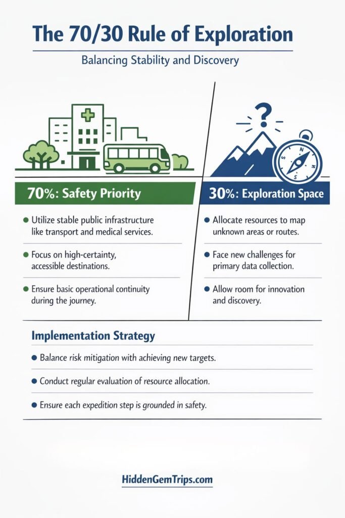 Infographic explaining the 70/30 rule for hidden gem travel planning.