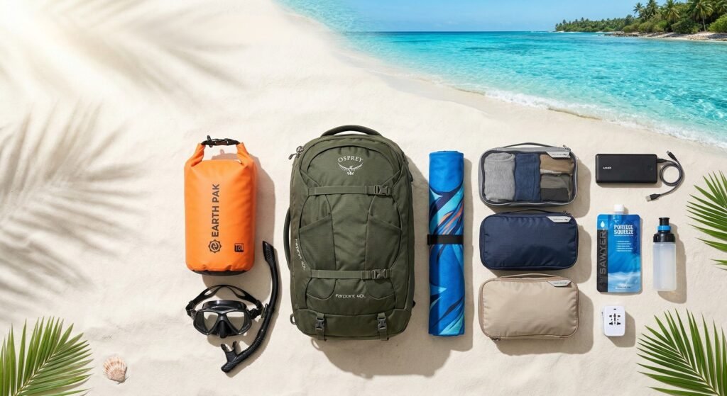 Best travel gear for island trips, including a backpack, dry bag power bank snorkeling mask and portable water filter