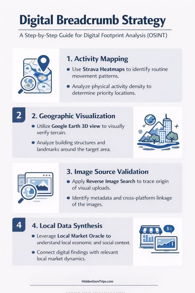 Infographic showing the digital breadcrumb strategy to find Hidden Gem Travel Guide.