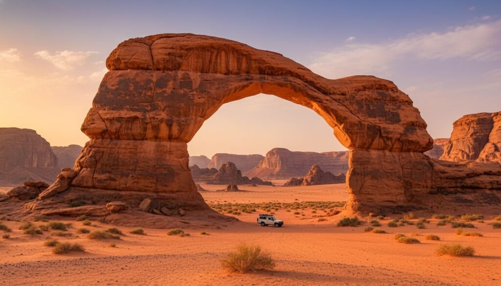 Ennedi Massif Secret Desert Aloba Arch landscape at sunset.