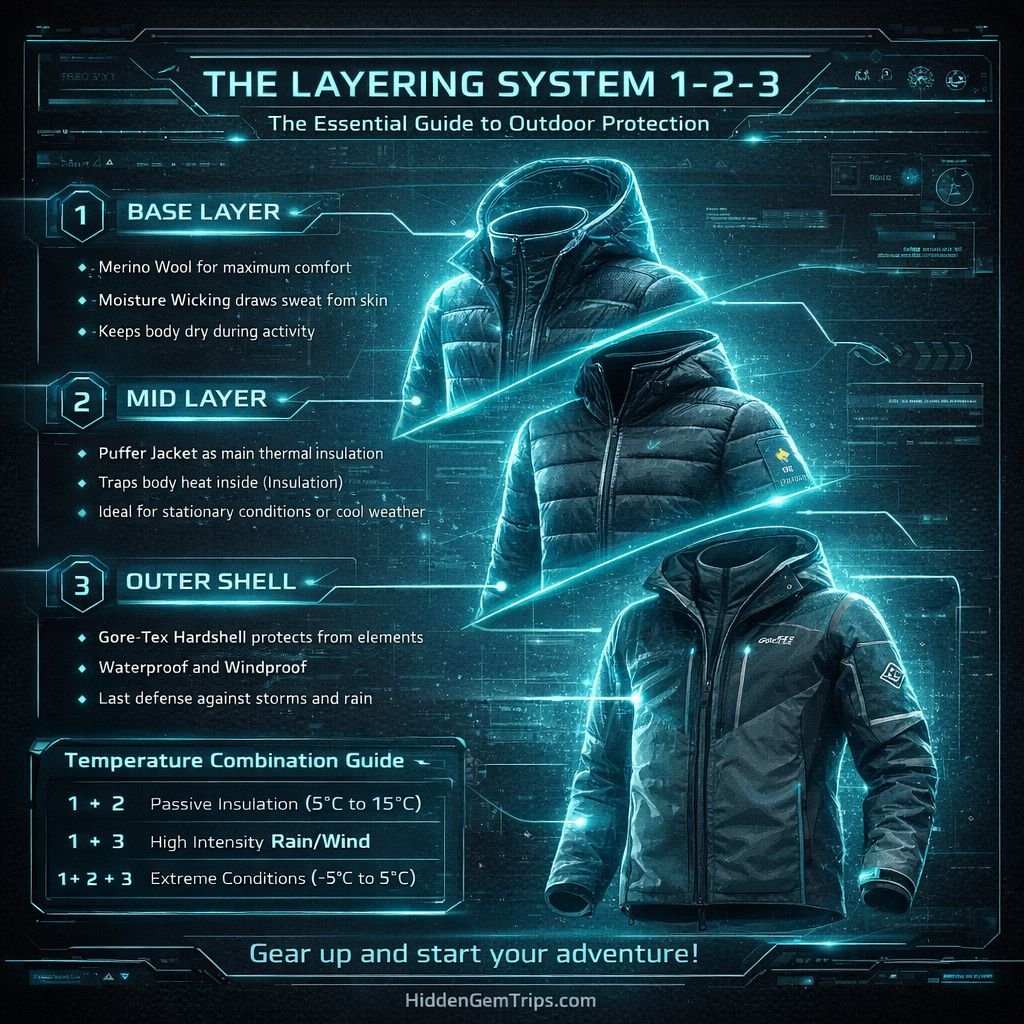 Illustrated guide showing the technical layering system for Packing Light for Remote Expeditions featuring merino wool, puffer jacket, and shell.