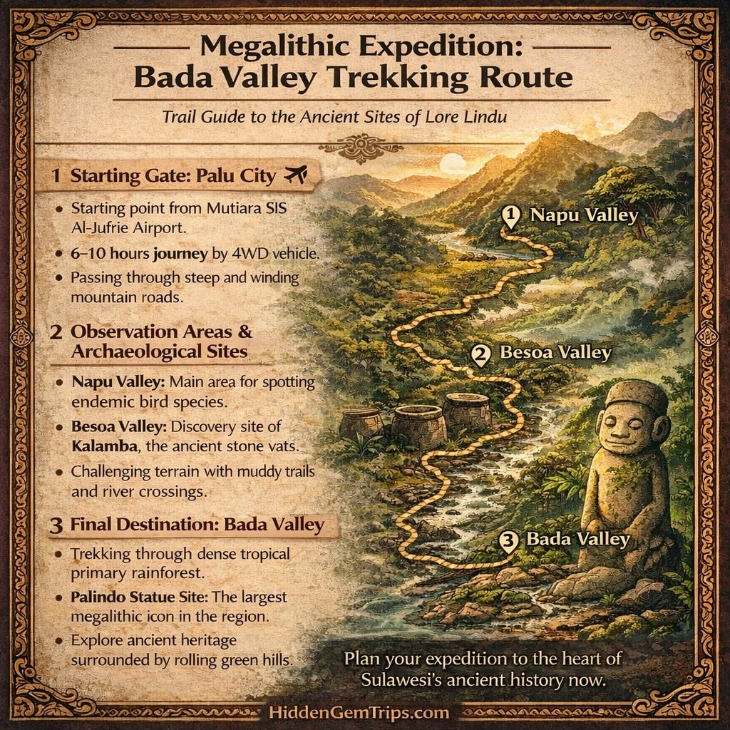 Route map from Palu to Bada Valley showing the trekking path to the Lore Lindu Megaliths.