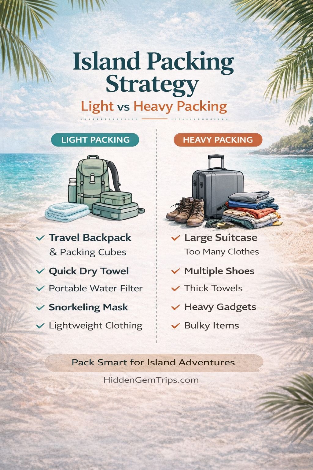 12 Best Travel Gear for Island Trips (2026 Must-Have Packing List) 4 infographic comparing light packing vs heavy packing strategy for island travel including backpack suitcase snorkeling gear and travel essentials