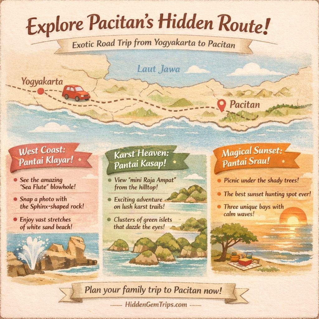 Hidden Pacitan: Discover Java’s Epic Secret Beaches (The 2026 Definitive Guide) 3 Map showing the hidden route to Java secret beaches in Pacitan, starting from Yogyakarta.
