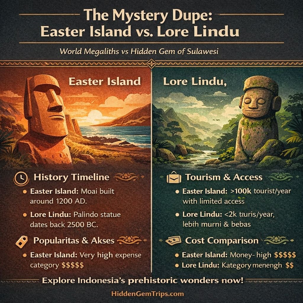 Infographic comparing Lore Lindu Megaliths in Sulawesi with Easter Island Moai on age, tourist crowds, and cost.