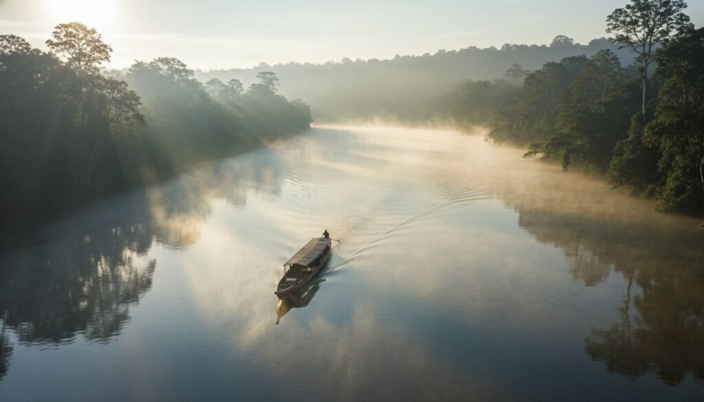 A traditional wooden boat navigating the deep Mahakam River in the Borneo jungle during dawn.
