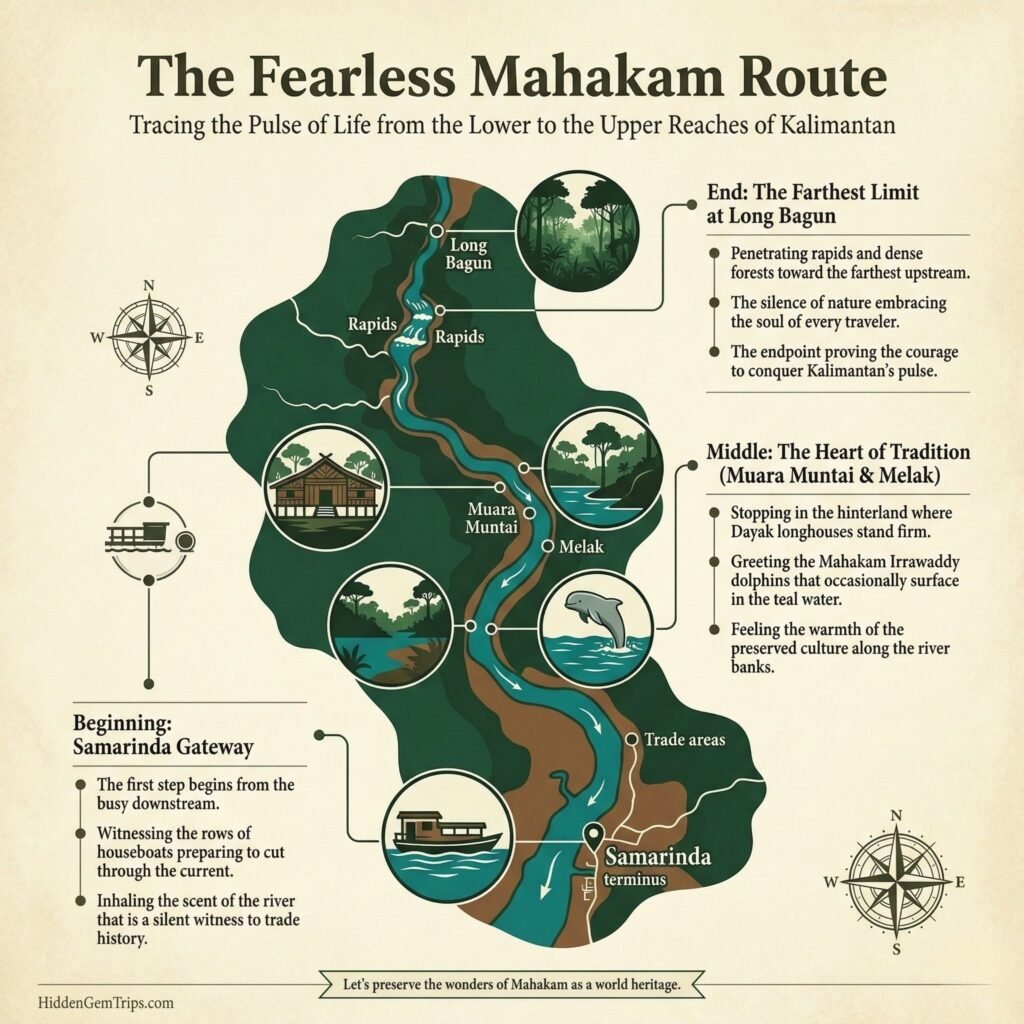 Deep River Borneo: A Fearless Guide to Mahakam Travel 3 The infographic map illustrates the Mahakam Travel Guide route from Samarinda to Long Bagun along the Mahakam River.