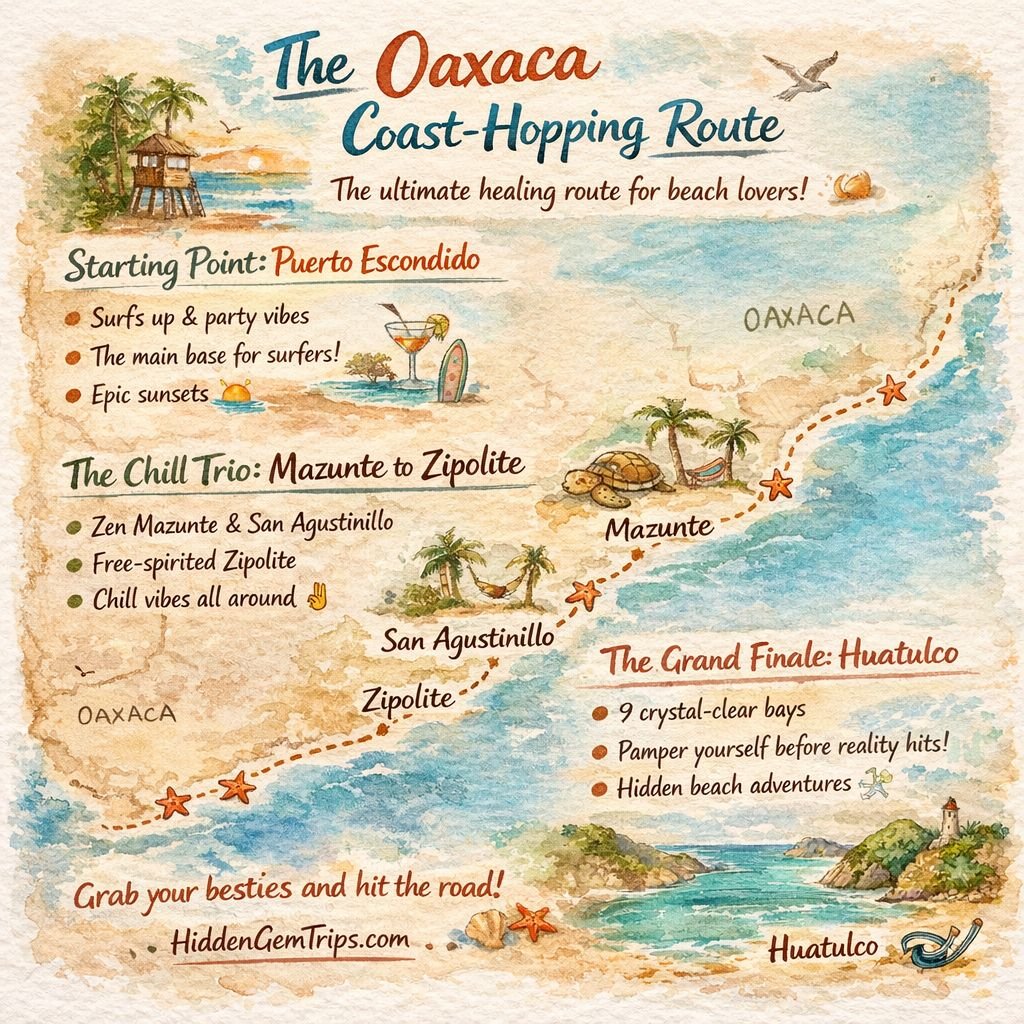 Map of the best route to explore Oaxaca’s hidden coastline from Puerto Escondido to Huatulco.