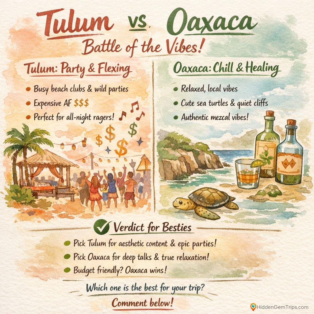Infographic comparing the costs, atmosphere, and crowds of Tulum versus Oaxaca’s hidden coastline.