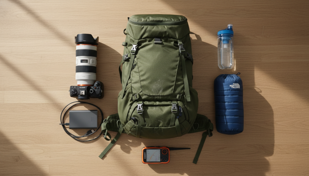 Packing Light for Remote Expeditions gear flatlay featuring a 40L backpack and essential tech gear.