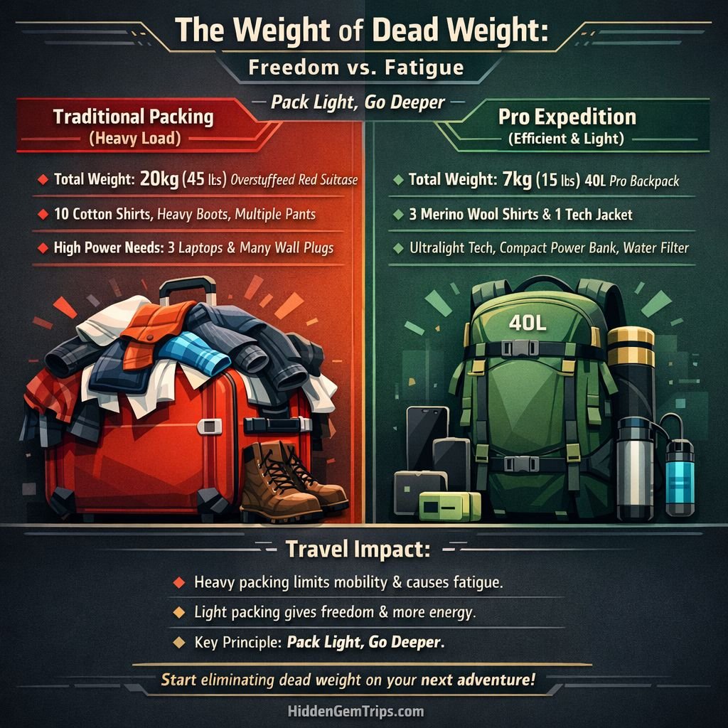 Infographic comparing daily costs and tourist density between Packing Light for Remote Expeditions and traditional heavy luggage.