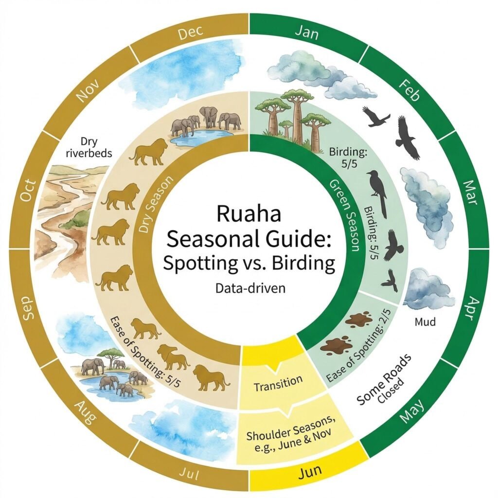 Forget the Serengeti: 7 Reasons Why This Ruaha Safari Guide Is Your Ultimate Wild Escape of 2026 4 Circular infographic showing Ruaha Safaris Guide for weather and wildlife behavior across the 12 months.