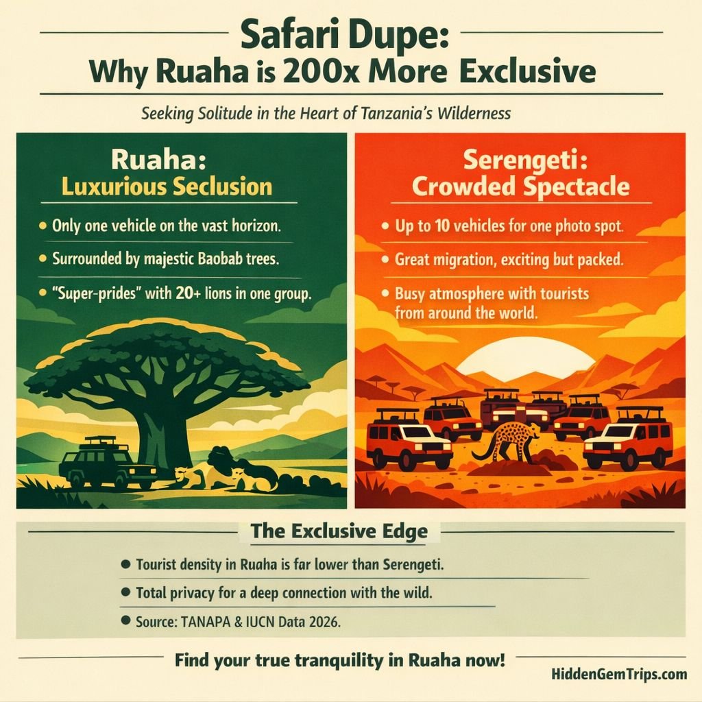 Forget the Serengeti: 7 Reasons Why This Ruaha Safari Guide Is Your Ultimate Wild Escape of 2026 3 Infographic comparing tourist density and lion populations in Ruaha vs Serengeti for an exclusive safari experience.