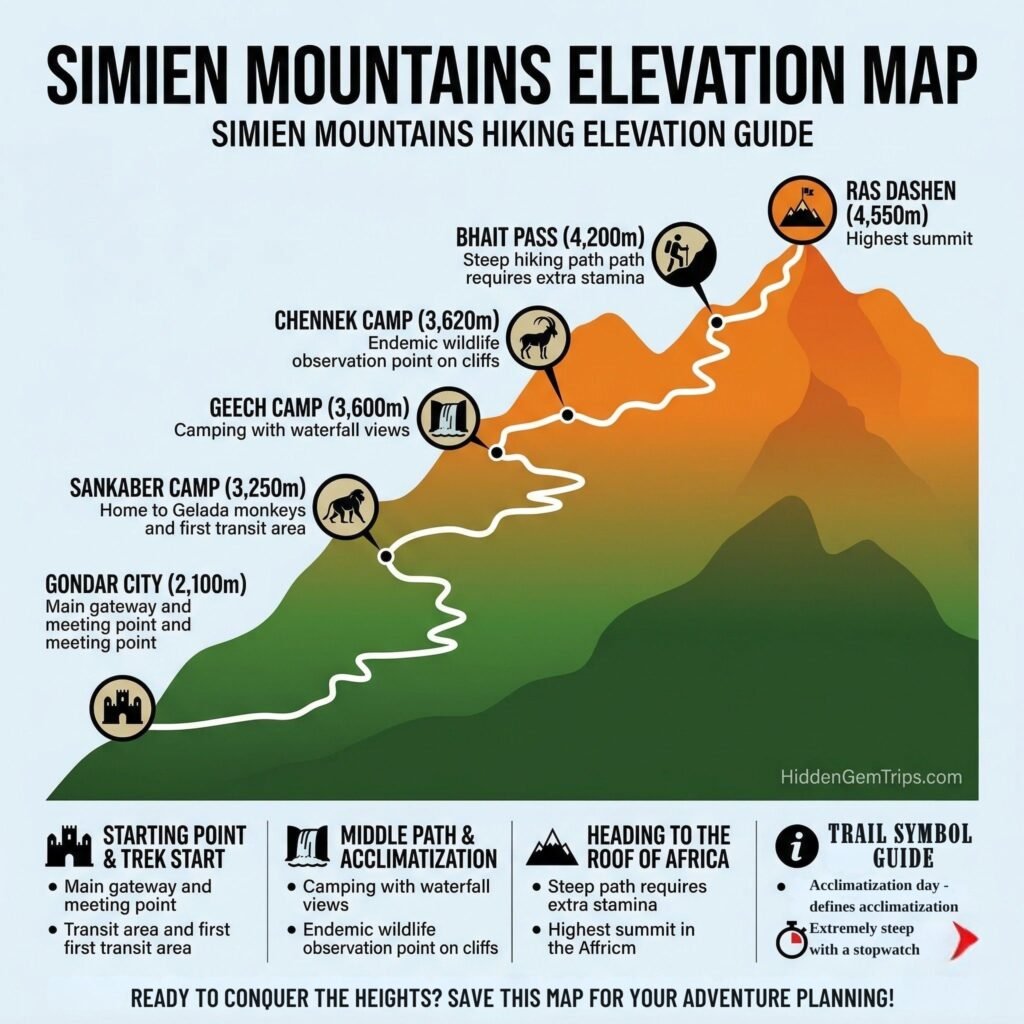 The Ultimate Secret: 7 Reasons Why a Simien Mountains Hike Beats the Andes in 2026 4 Illustrated map and graph showing the altitude profile for a 5-day Simien Mountains Hike from Gondar to Ras Dashen summit.