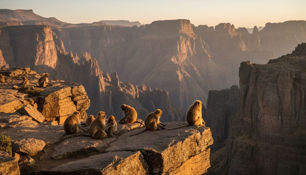The Ultimate Secret: 7 Reasons Why a Simien Mountains Hike Beats the Andes in 2026 2 A Simien Mountains Hike showing Gelada monkeys on the edge of a jagged basalt cliff in Ethiopia.