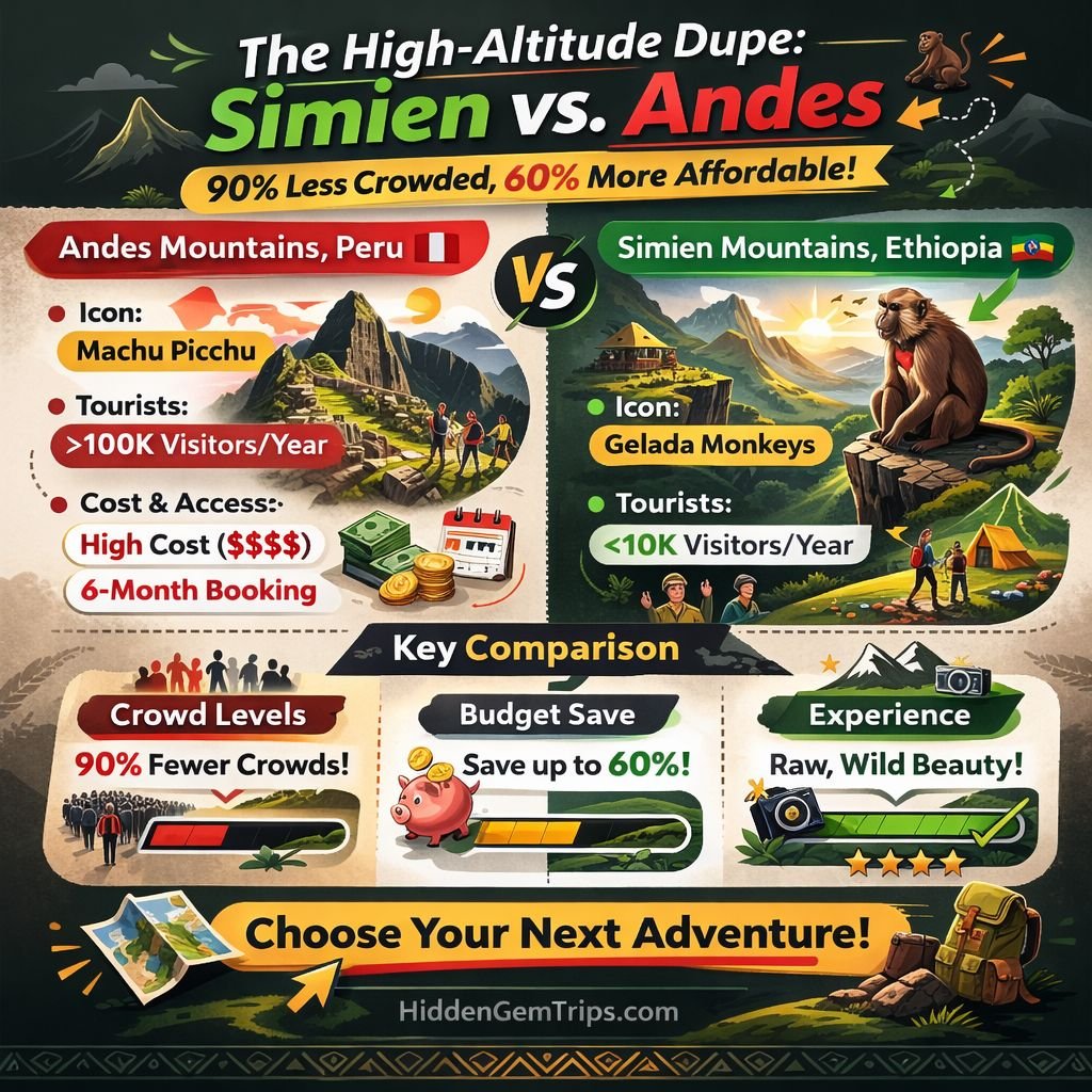 The Ultimate Secret: 7 Reasons Why a Simien Mountains Hike Beats the Andes in 2026 3 Infographic comparing daily trekking costs and tourist density between Simien Mountains in Ethiopia and the Peruvian Andes.