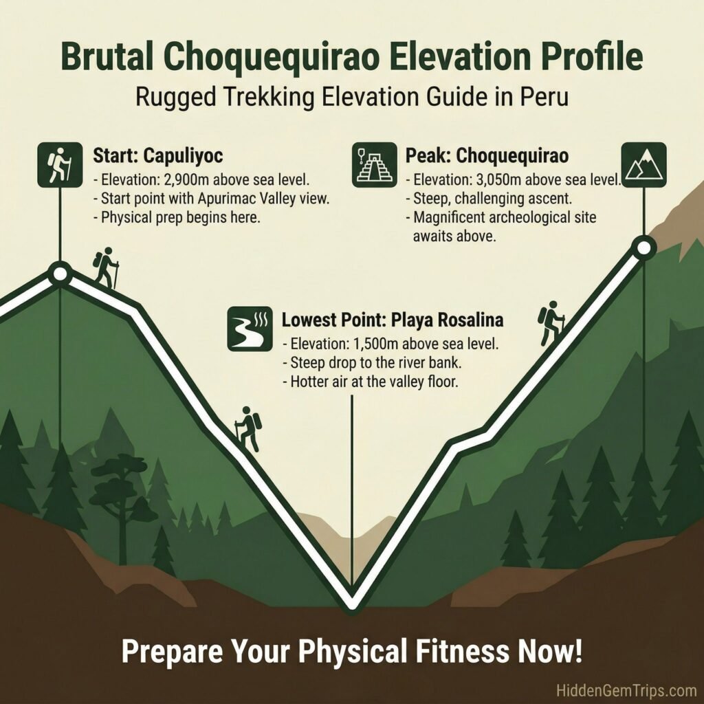 Elevation chart showing the descent and ascent of the Choquequirao Trek Secret.